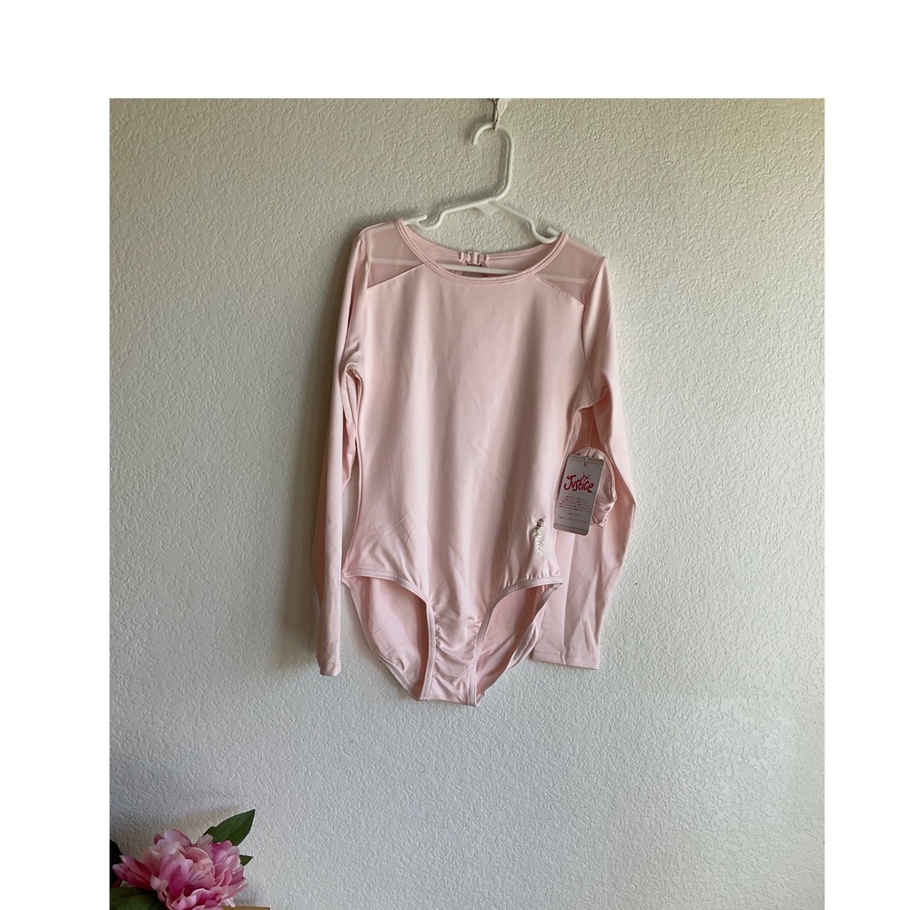 Justice Girls Pink Long Sleeve Leotard with Scrunchie Mesh Keyhole Back XL 16/18